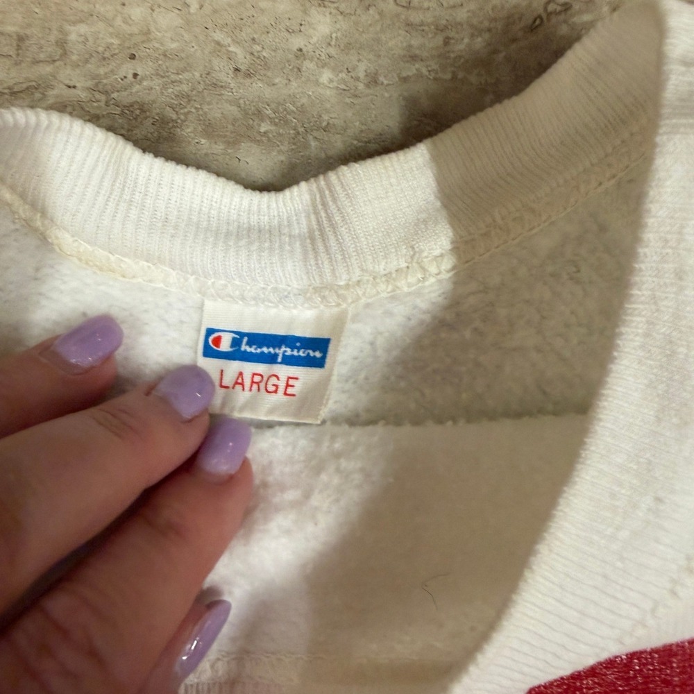Vintage Champion Blue Bar Sweatshirt 93 Graphic White Made in USA Large - Picture 5 of 6
